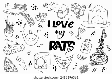 Doodle Set von Rattenzubehör und Lettering Ich liebe meine Ratten. Handgemachte Vektorgrafik Clipart Concept Line isoliert auf weiß bkgr.BandW Design für Poster, Card, Label, Aufkleber, T-Shirt, wir, Print, Stempel, Media, Banner..