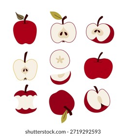 Juego de manzanas rojas. Rebanadas, secciones, mordida. Ilustración vectorial, diseño plano