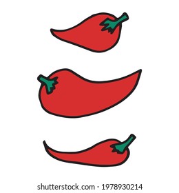Doodle set of red chili peppers. Drawn elements for design patterns, for decoration of the restaurant menu. For a logo for a bar or food store. Vector illustration. Vegetarian food and vegetables.