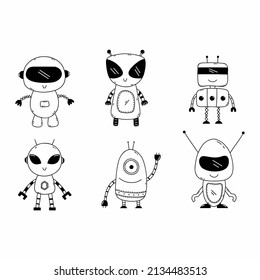 Doodle set robot. Coloring book for kids with alien. Set of cute monster stickers.