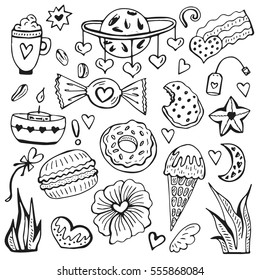 Doodle set of romantic icons. Hand drawn vector illustration with sweet dessert, candy, cupcakes, donuts, hearts, design elements. Design for prints and T-shirts.