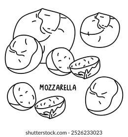 Doodle é definido em pedaços redondos de queijo mozzarella de diferentes tamanhos em branco. Grupos diversos. Queijo tradicional italiano bebê mozzarella. Design para café, restaurante, cartaz. Produto láteo desenhado à mão