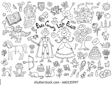 Doodle set with royal prince and princess concept and accessories. Children's drawings. Graphic vector illustrations, sketch with vintage design elements