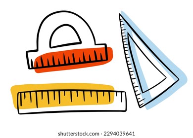 Doodle set of rulers. A set of a protractor, a triangle and a regular ruler. Measuring device. Geometry and Algebra. back to school