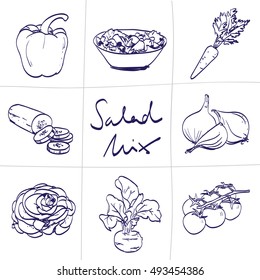 Doodle set salad mix    tomato  carrot  cucumber  olives  bowl  onion  hand  drawn  Vector sketch illustration isolated over white background 