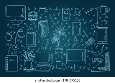 Doodle set with school and business items. Template for postcard, banner, poster, web pages design. Hand Drawn vector illustration.