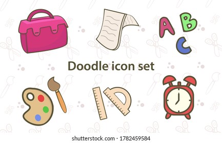 doodle set of school equipment icons, bags, rulers, alarm clocks, paper, letters, paint brushes, flat illustrations