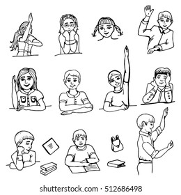 doodle set school figures. Children are drawn by hand. Black and white vector drawings