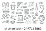 Doodle set of school supplies. Stationery icon set