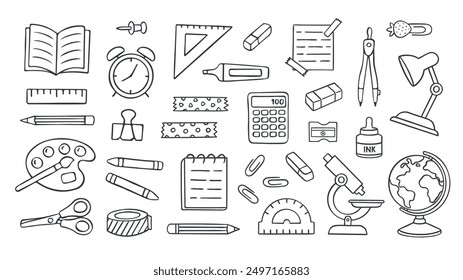 Doodle set of school supplies. Stationery icon set