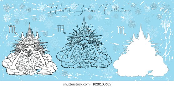 Doodle set with Scorpio zodiac symbol. Girl as winter storm queen against snowy background. Vector hand drawn winter illustration, line art design element, esoteric and mystic background