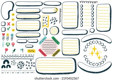 Doodle Set Scrapbook Decor Vector Element. Notebook Sheets, Chore Charts With Paperclip, Sticky Tape, Frames, Icons. Notepad Page Kids Daily Planner For To Do List, Bullet Journal