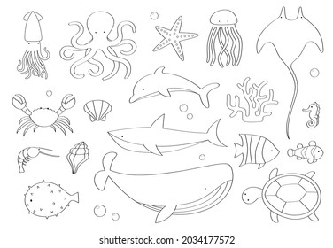 Doodle set of sea creatures on white background.