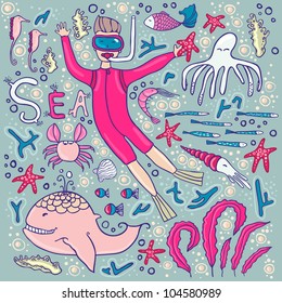 Doodle set with sea live