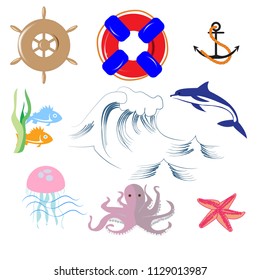 Doodle set of sea objects, wave, octopus, steering wheel, lifeline, fish and Dolphin, starfish, for children's posters, ads, vector illustration maps