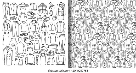 Doodle set and seamless pattern with woman clothes