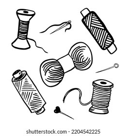 Doodle Set with sewing accessories on a white background. Spools of thread, pins, sewing needles, and a thimble, vector illustration in sketch style.