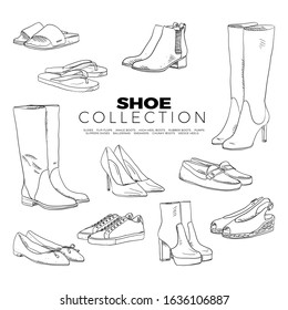 Doodle set of Shoe Collection – sneakers, slides, ankle boots, pumps, flip-flops, high-heel, rubber, chunky boots, slippers, ballerinas, wedge heels, hand-drawn. Vector sketch illustration isolated.