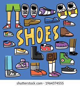 doodle set shoes cartoon hand drawn color.