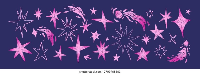 Conjunto de rabiscos de estrelas cadentes. Esboços de faíscas, meteoritos e cometas no estilo infantil. Giz rabisca espaço com meteoros. Arte de parede grunge do cosmos. Ilustrações isoladas de vetor desenhadas à mão