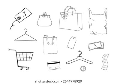Doodle set of shopping icons cart, bag, basket, gift, coupon, money Sketch style illustrations for ecommerce, sale, delivery, and fashion store themes. Isolated and cute.