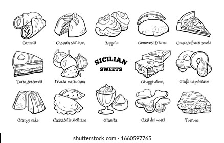 Doodle set of Sicilian sweets. Hand drawn sketch of traditional desserts. Vector illustration on white background.