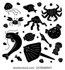 Doodle set with silhouette fish, jellyfish and crabs. Black and white clip art illustration.