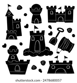 Doodle set with silhouette sand castles. Black and white clip art illustration.