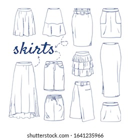 Doodle set of Skirt Collection – Layered, Paneled, Assymetrical, Trumpet, Pegged, Tulle, Ruffled, Godet,  Bubble, Tulip, Knife pleated, Draped, Gypsy, Accordion, Ruffled, hand-drawn. sketch illustrati