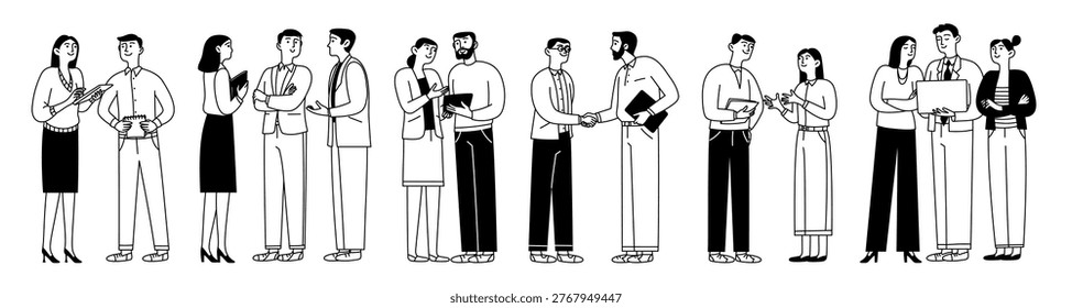 Doodle set of small, diverse groups of business people communicating with each other. Interaction, discussion, conversation. Vector linear business illustration.