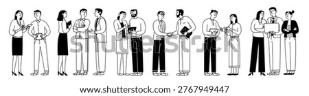 Doodle set of small, diverse groups of business people communicating with each other. Interaction, discussion, conversation. Vector linear business illustration.