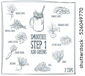 Doodle set of smoothie, greens - radish, rucola, carrot, beetroot, kale, chard, lettuce salad, kohlrabi, spinach, leaves, hand-drawn. Vector sketch illustration isolated over white background.