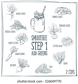 Doodle set of smoothie, greens - radish, rucola, carrot, beetroot, kale, chard, lettuce salad, kohlrabi, spinach, leaves, hand-drawn. Vector sketch illustration isolated over white background.