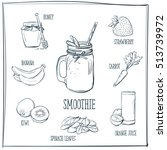 Doodle set of smoothie - honey, banana, strawberry, kiwi, carrot, spinach leaves, orange juice, glass, hand-drawn. Vector sketch illustration isolated over white background.