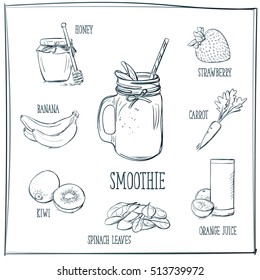 Doodle set of smoothie - honey, banana, strawberry, kiwi, carrot, spinach leaves, orange juice, glass, hand-drawn. Vector sketch illustration isolated over white background.