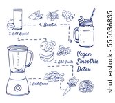 Doodle set of smoothie steps - blender, banana, peach, grapes, carrot, spinach leaves, salad, orange juice, glass, super-food, hand-drawn. Vector sketch illustration isolated over white background.