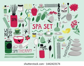 Conjunto de elementos de spa para aromaterapia, terapia de piedra, cuidados corporales, salón de belleza, centro de bienestar, relajación, salud, masaje tailandés, meditación. Colección de belleza dibujada a mano. Ilustración vectorial.