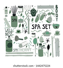 Doodle set of spa elements for aromatherapy, body care, beauty salon, wellness center, relax, health, massage, meditation. Hand drawn collection . Vector illustration.