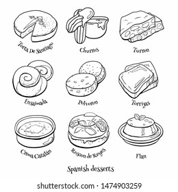 Doodle set of Spanish sweets. Hand drawn sketch of traditional desserts. Vector illustration on white background.