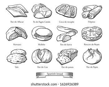 Doodle set of Spanish types of bread. Hand drawn sketch of traditional bakery products. Vector illustration on white background.