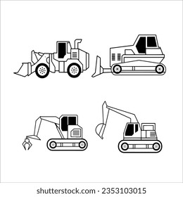 Doodle set of specialized equipment for the construction: buldozer, excavator, crawler tractor,backhoe