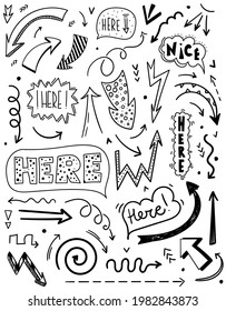 Doodle set of speech bubbles and arrows in comic hand drawn style. dialog windows with phrase here. Collection of curved pointers. Vector illustration