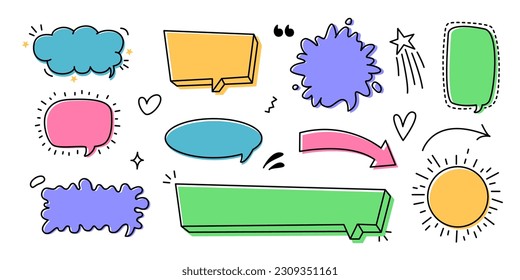 Doodle set of speech bubbles, frames, design elements. Place for text. Message box, sticker. Vector illustration.