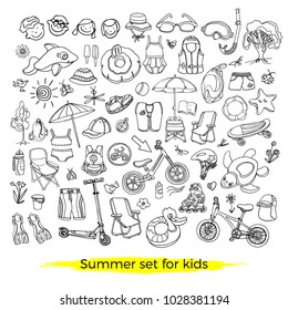 Doodle Set Of Sporting, Swimming Goods For Kids. Vector Icons Illustration On White Background. Sketch. Vest, Mask, Swimsuit, Cap, Scooter, Rollers, Skate, Bicycle, Sneakers. Summer Children's Holiday