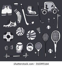 doodle set of sports equipment. hand drawn vector illustration.