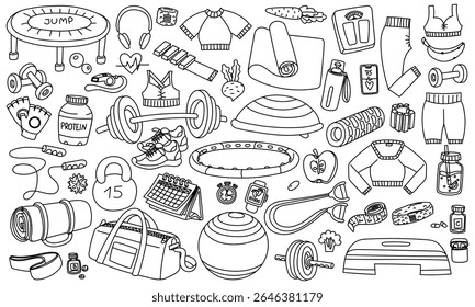 Doodle set of sports equipment and sports lifestyle. Collection on the topic of fitness, sports, and training. Contoured objects, monochrome. For posters, sports, blogs, fitness, and healthy lifestyle