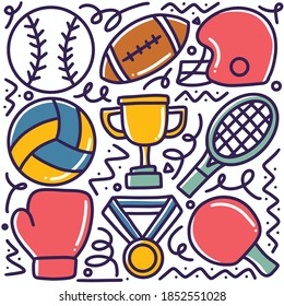 doodle set of sports hand drawing with icons and design elements