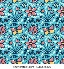 doodle set of spring art hand drawing with icons and design elements