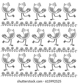 Doodle set of spring floral boarder and birds. Hand drawn vector illustration with natural elements. Nature sketch background for prints, T-shirt.