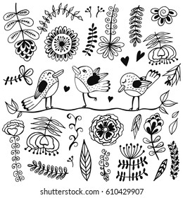 Doodle set of spring flowers, herbs and birds. Hand drawn vector illustration with floral elements. Nature sketch background for prints, T-shirt.